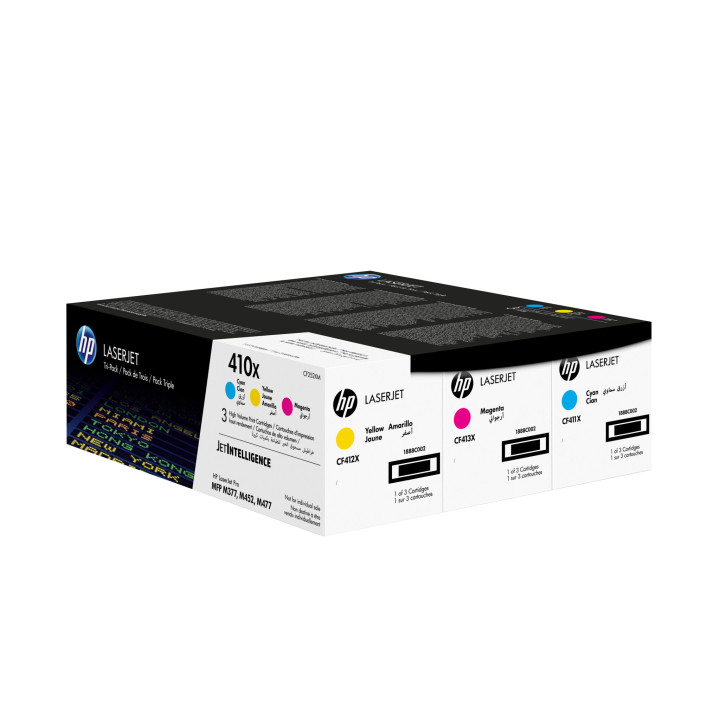 HP 410XLaserJet, lot de 3 cartouches de toner grande capacité authentiques, cyan/magenta/jaune