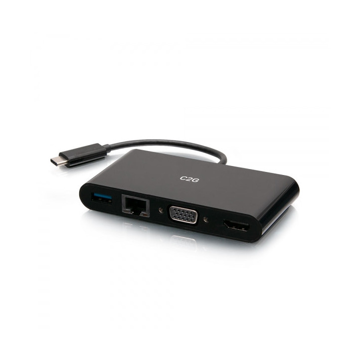 C2G Adaptateur multiport USB-C® vers HDMI®, VGA, USB-A, et RJ45 - 4K 30 Hz - Noir