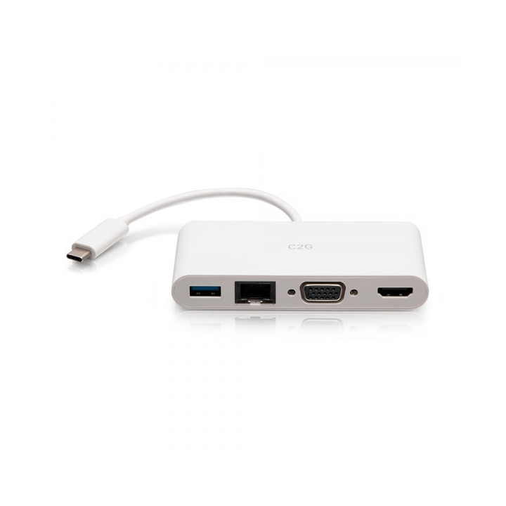 C2G Adaptateur multiport USB-C® vers HDMI®, VGA, USB-A, et RJ45 - 4K 30 Hz - Blanc