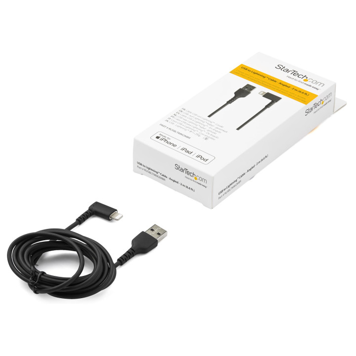StarTech.com Câble USB-A vers Lightning Noir Robuste 2m Coudé à 90° - Câble de Charge/Synchronisation USB Type A vers Ligh