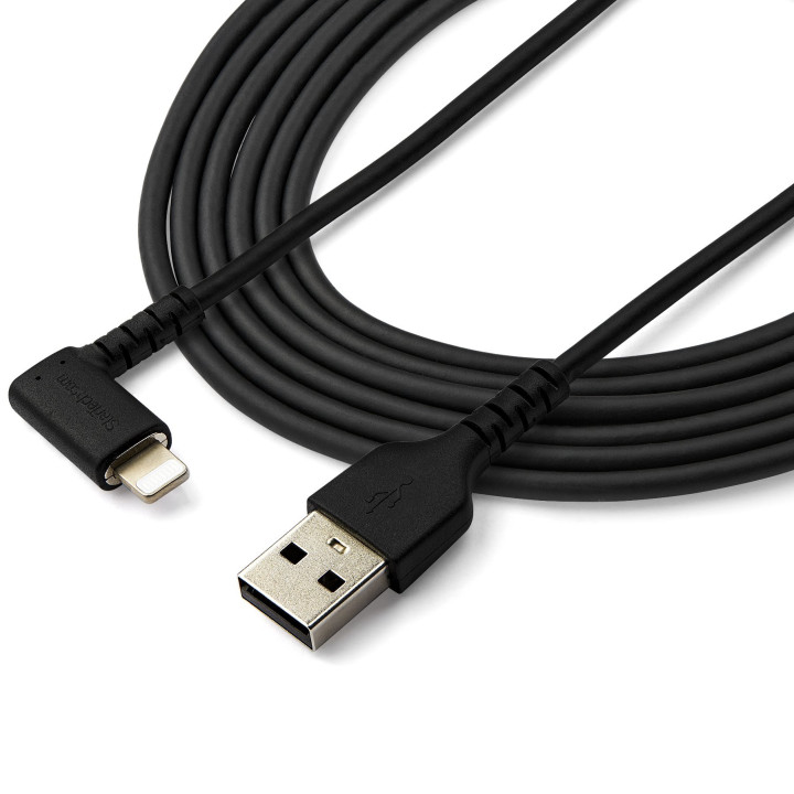 StarTech.com Câble USB-A vers Lightning Noir Robuste 2m Coudé à 90° - Câble de Charge/Synchronisation USB Type A vers Ligh
