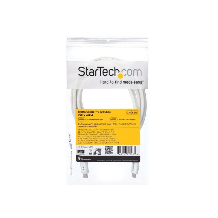 StarTech.com Câble Thunderbolt 3 de 2 m - 20 Gb/s - Compatible Thunderbolt, USB et DisplayPort - Blanc