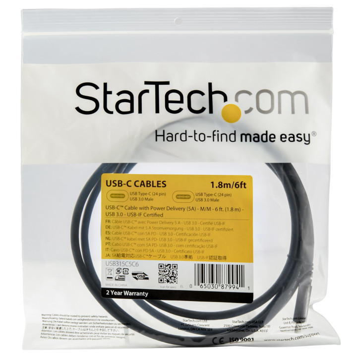 StarTech.com Câble USB-C de 1,8m, USB 5Gbps, 100W (5A) Power Delivery, Certifié Works with Chromebook, 4K 60Hz DP Alt Mode, C