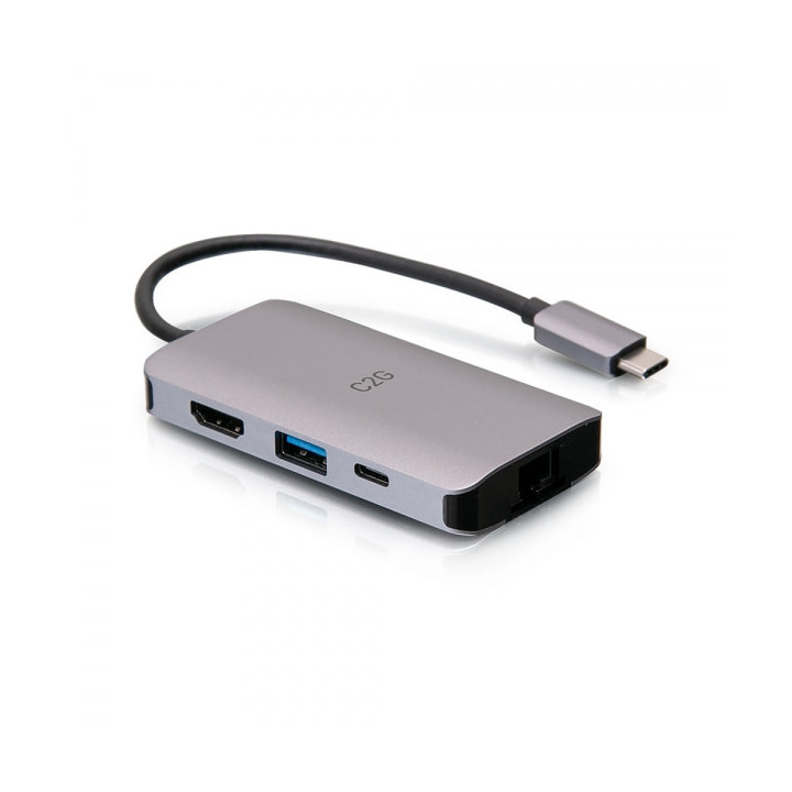 C2G Mini station d’accueil USB-C 4 en 1 avec HDMI, USB-A, Ethernet et USB-C, alimentation électrique jusqu’à 100 W - 4K 3
