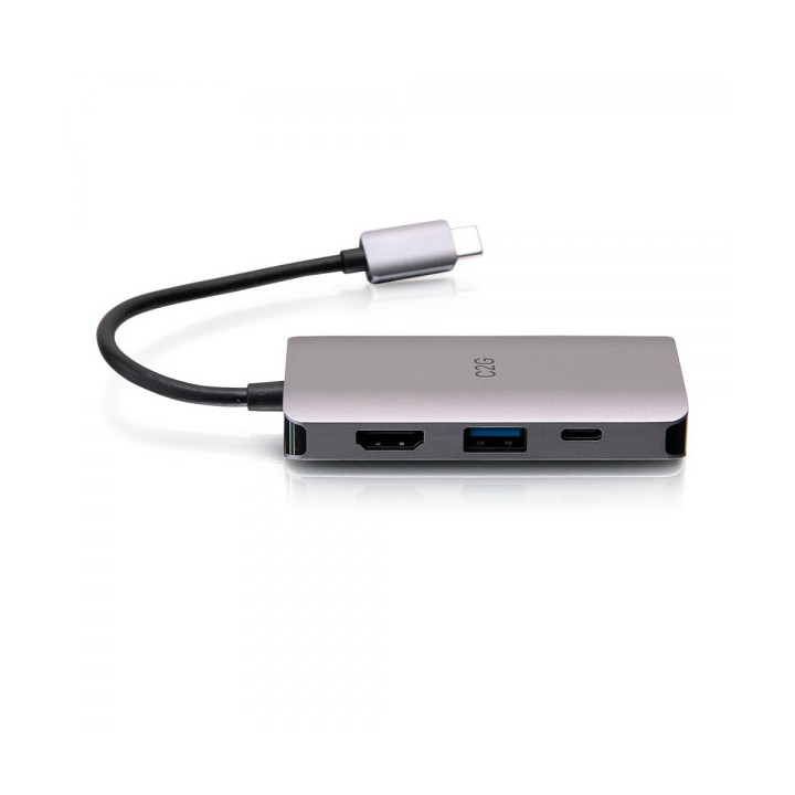 C2G Mini station d’accueil USB-C 4 en 1 avec HDMI, USB-A, Ethernet et USB-C, alimentation électrique jusqu’à 100 W - 4K 3