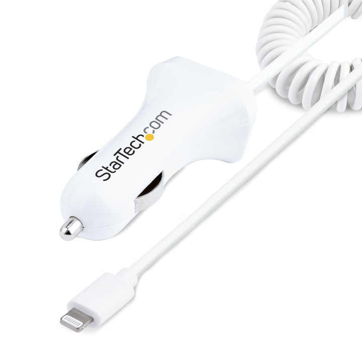 StarTech.com Chargeur Voiture Lightning avec Câble Spiralé - Chargeur Iphone 1m - Double Chargeur USB pour Telephones et Tabl
