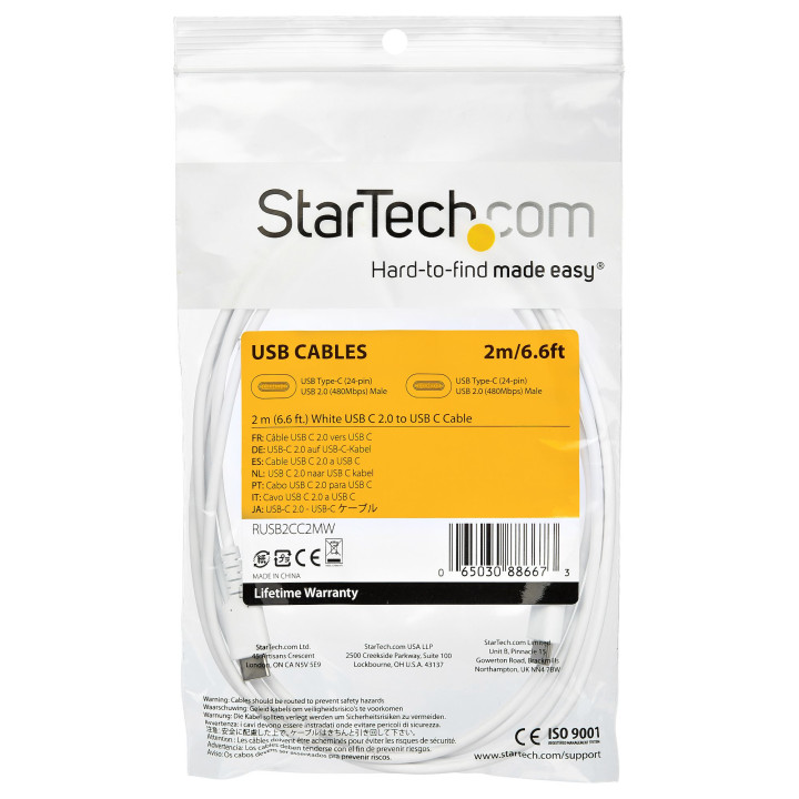 StarTech.com Câble de Charge Rapide USB-C de 2m, Robuste, Charge et Synchronisation, 60W (3A) PD, USB 2.0, Gaine TPE Blanche e