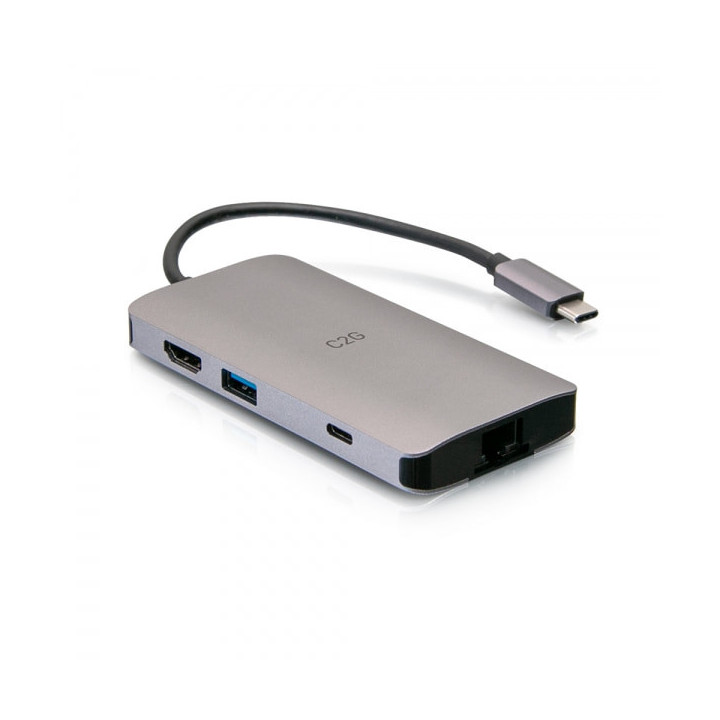 C2G Mini station d’accueil USB-C 8 en 1 avec HDMI, 2 USB-A, Ethernet, lecteur de carte SD et USB-C, alimentation électrique 