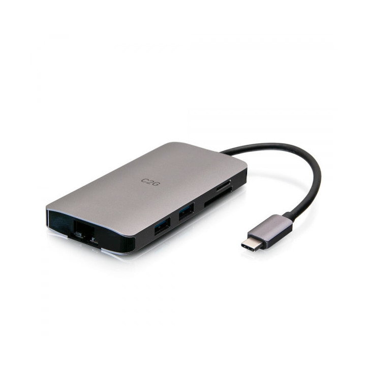 C2G Mini station d’accueil USB-C 8 en 1 avec HDMI, 2 USB-A, Ethernet, lecteur de carte SD et USB-C, alimentation électrique 
