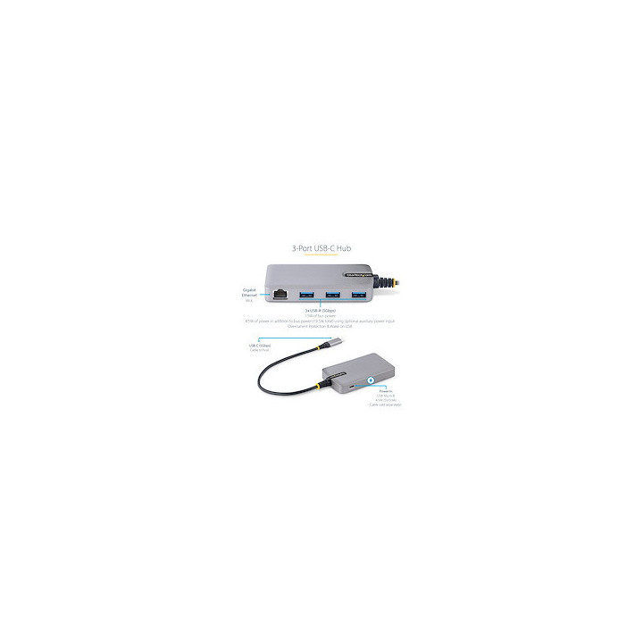 StarTech.com Hub USB-C à 3 Ports - 3x Ports USB-A, Gigabit Ethernet RJ45, USB 3.0 5Gbps, Alimentation par Bus - Hub USB Type-C
