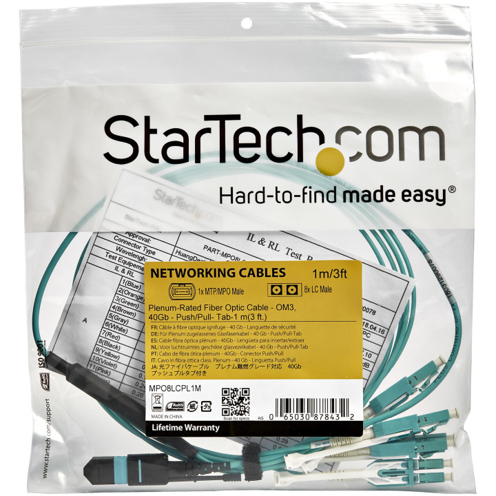 StarTech.com MPO8LCPL3M câble InfiniBand et à fibres optiques 3 m MPO/MTP 8x LC Couleur aqua