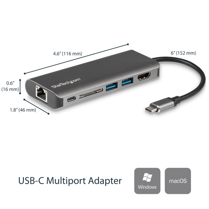StarTech.com Adaptateur Multiport USB C, Station d'Accueil USB-C Portable vers HDMI 4K, Hub USB 3.0 2 pts, SD/SDHC, GbE, 60W PD
