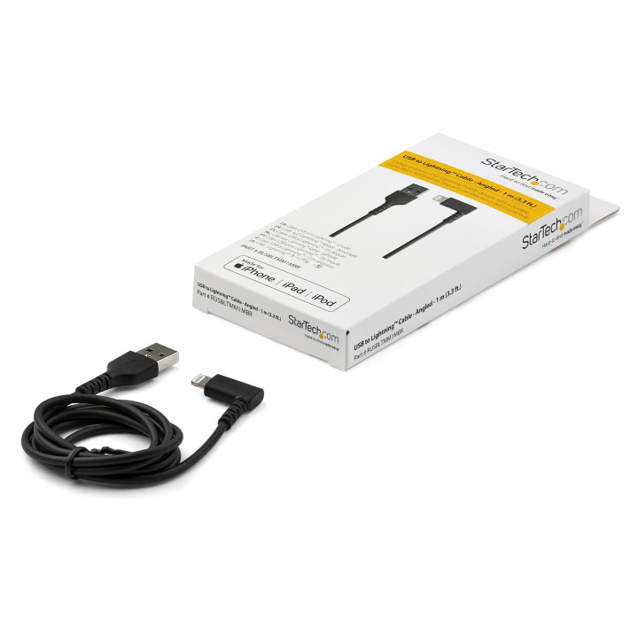 StarTech.com Câble USB-A vers Lightning Noir Robuste 1m Coudé à 90° - Câble de Charge/Synchronisation USB Type A vers Ligh
