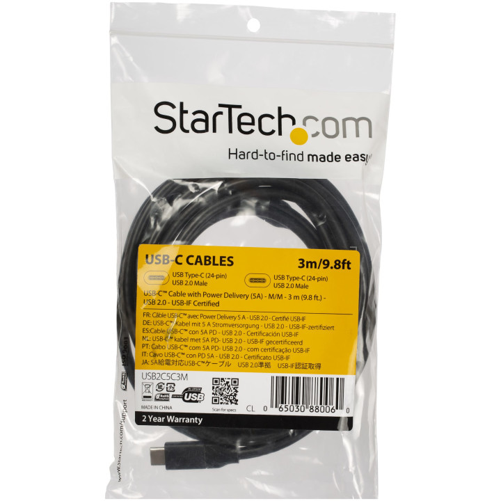 StarTech.com Câble de Charge Rapide USB-C de 3m, Charge et Synchronisation, 100W (5A) PD, USB 2.0, Certifié USB-IF - Cordon d