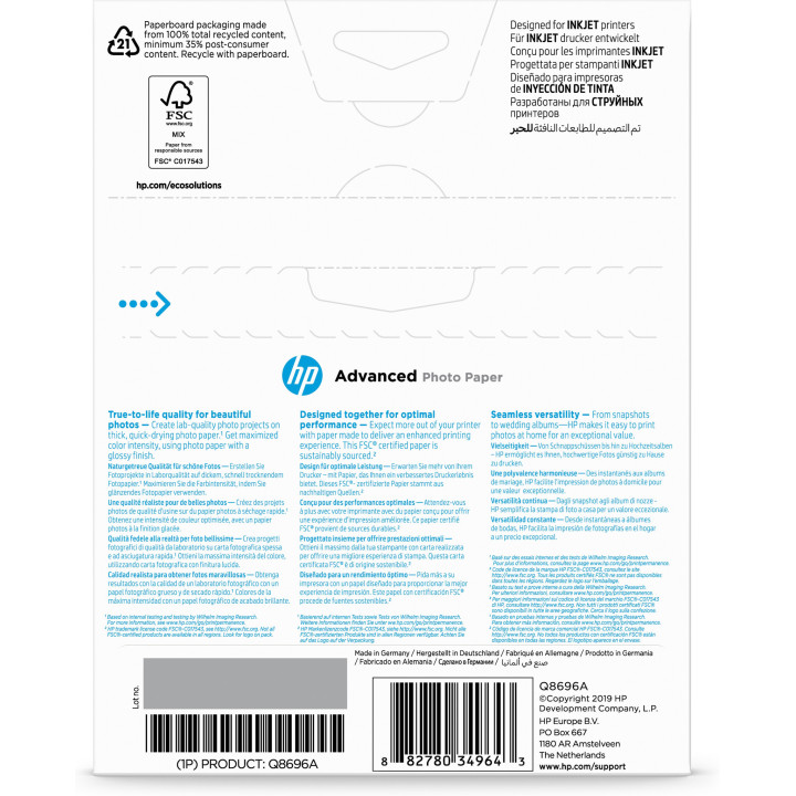 HP Papier photo Advanced, brillant, 250 g/m2, 13 x 18 cm (127 x 178 mm), 25 feuilles