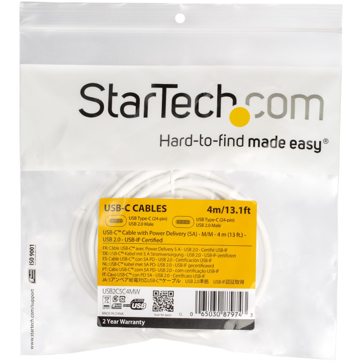StarTech.com Câble de Charge Rapide USB-C de 4m, Charge et Synchronisation, 100W (5A) PD, USB 2.0, Certifié USB-IF - Cordon d