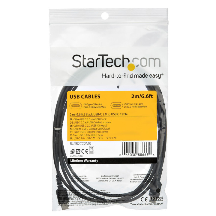 StarTech.com Câble de Charge Rapide USB-C de 2m, Robuste, Charge et Synchronisation, 60W (3A) PD, USB 2.0, Gaine TPE Noire et 