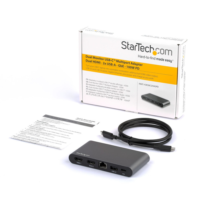 StarTech.com Dock USB C - Station d'Accueil USB-C à Double Écran 4K HDMI - 100 W Power Delivery Pass-through, GbE, 2 USB A - 