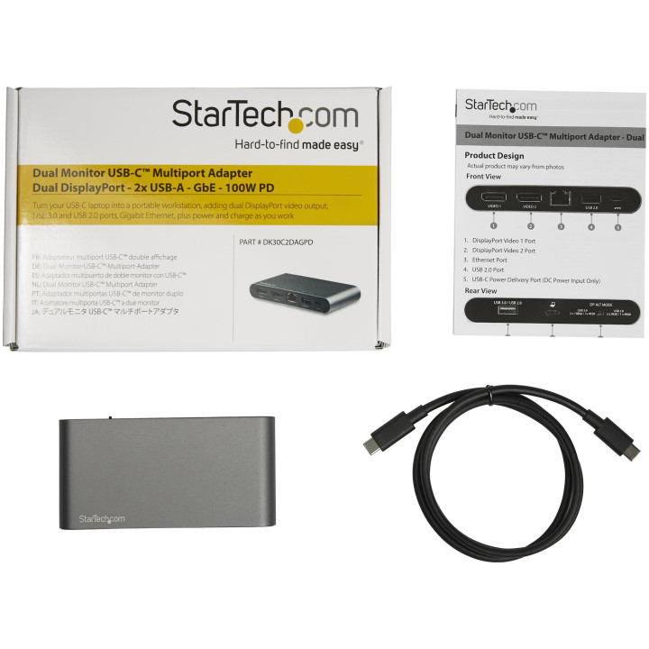 StarTech.com Dock USB-C à double affichage Displayport 4K - Mini Station d'Accueil - Power Delivery Passthrough 100 W - GbE - 