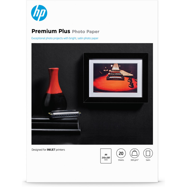 HP Papier photo Premium Plus, finition satinée, 300 g/m2, A4 (210 x 297 mm), 20 feuilles