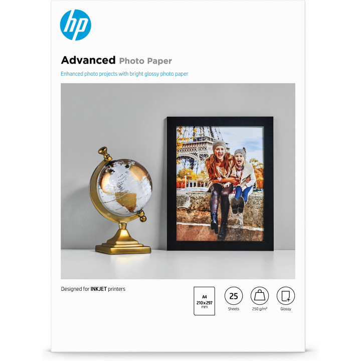HP Papier photo à finition glacée Advanced, 250 g/m2, A4 (210 x 297 mm), 25 feuilles