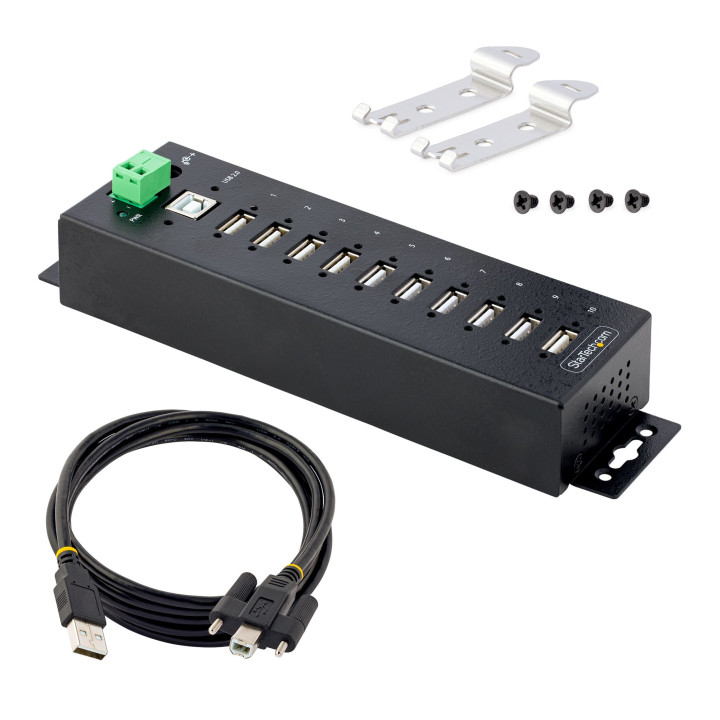 StarTech.com Hub USB 2.0 10 ports Industriel - Hub USB Robuste avec Protection ESD Niveau 4 - Hub USB-A Montable sur Mur/Bureau