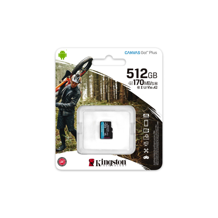 Kingston Technology Carte microSDXC Canvas Go Plus 170R A2 U3 V30 de 512 Go sans ADP