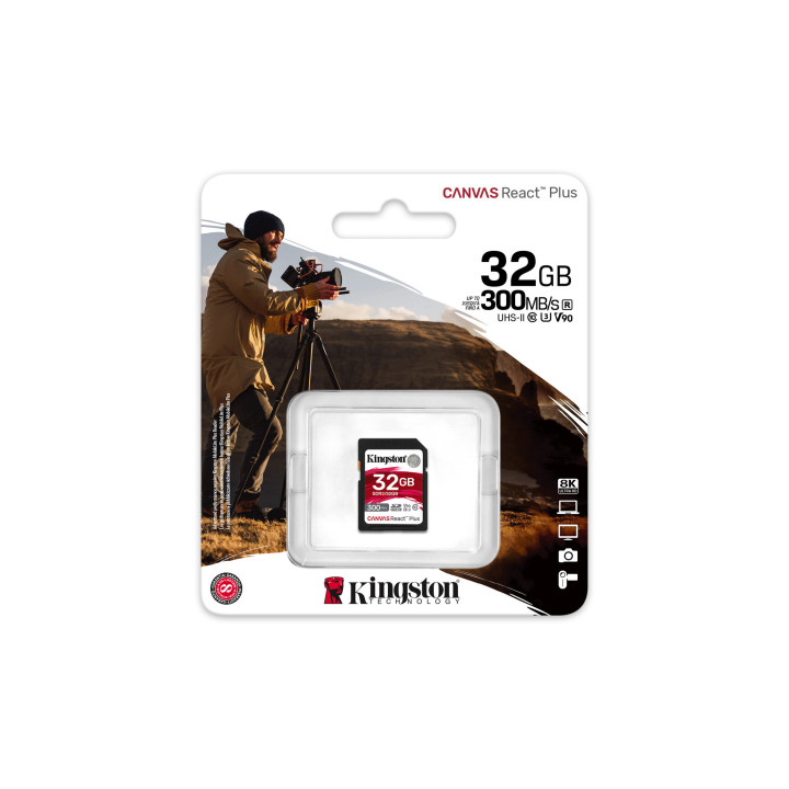 Kingston Technology 32GB Canvas React Plus SDHC UHS-II 300R/260W U3 V90 for Full HD/4K/8K