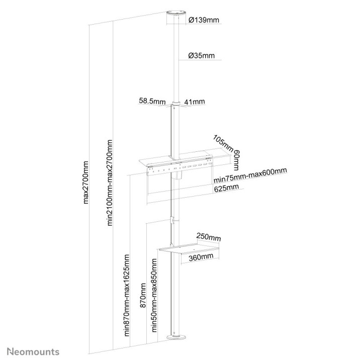 Neomounts FPMA-CF200SILVER Support du sol au plafond pour écran 37-70"- h210-270 cm