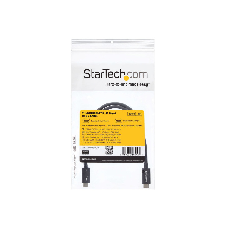 StarTech.com Câble Thunderbolt 3 (40 Gb/s) USB-C de 50 cm - Compatible Thunderbolt, USB et DisplayPort - M/M