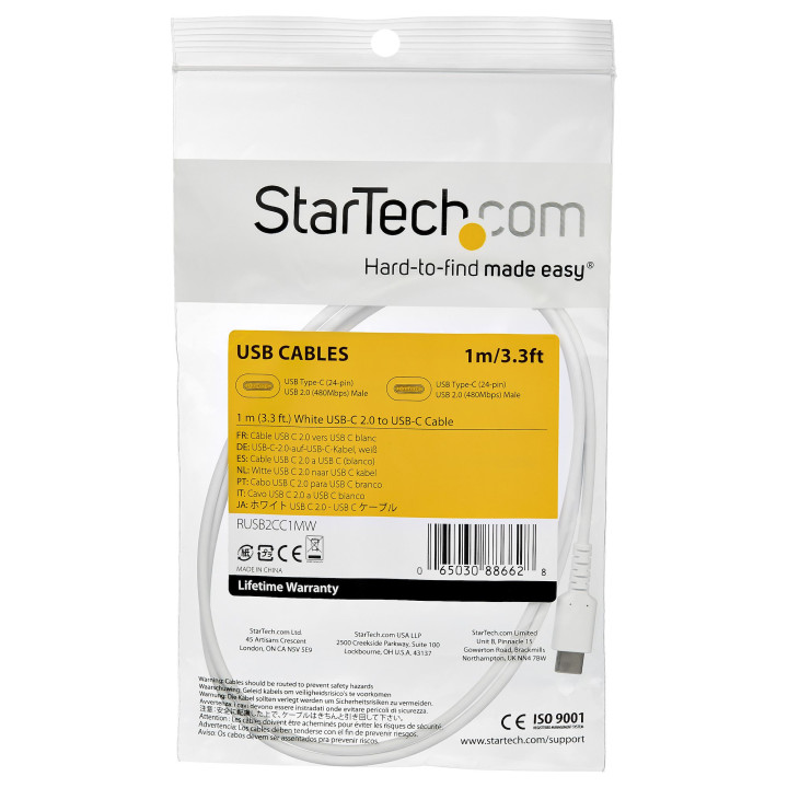 StarTech.com Câble de Charge Rapide USB-C de 1m, Robuste, Charge et Synchronisation, 60W (3A) PD, USB 2.0, Gaine TPE Blanche e