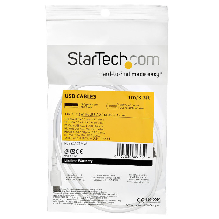 StarTech.com Câble de Charge Rapide USB-A vers USB-C de 1m, Robuste, Charge et Synchronisation, 3A, USB 2.0, Gaine TPE Blanche