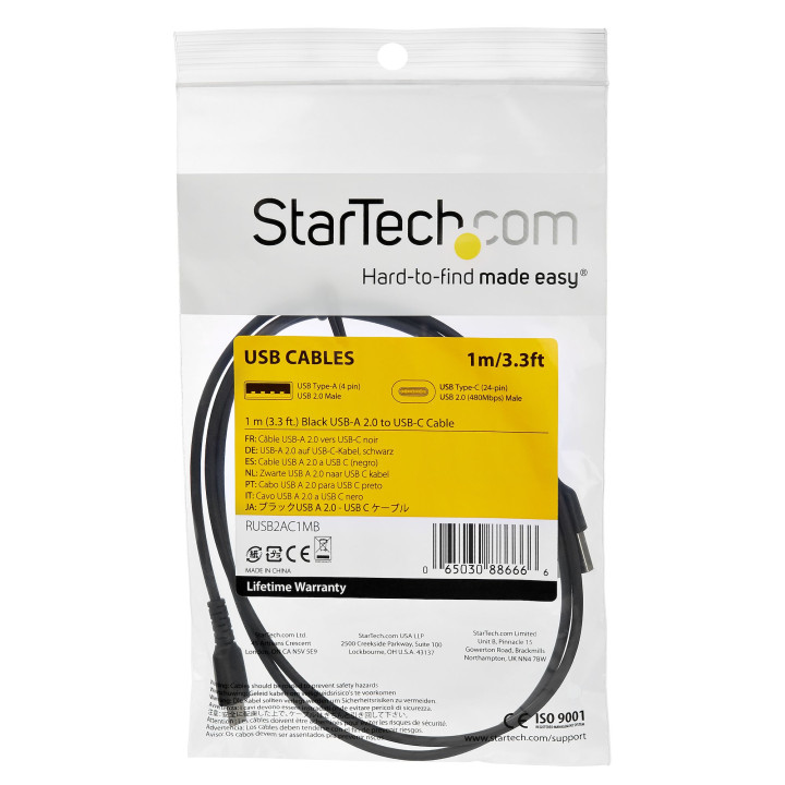 StarTech.com Câble de Charge Rapide USB-C de 1m, Robuste, Charge et Synchronisation, 60W (3A) PD, USB 2.0, Gaine TPE Noire et 