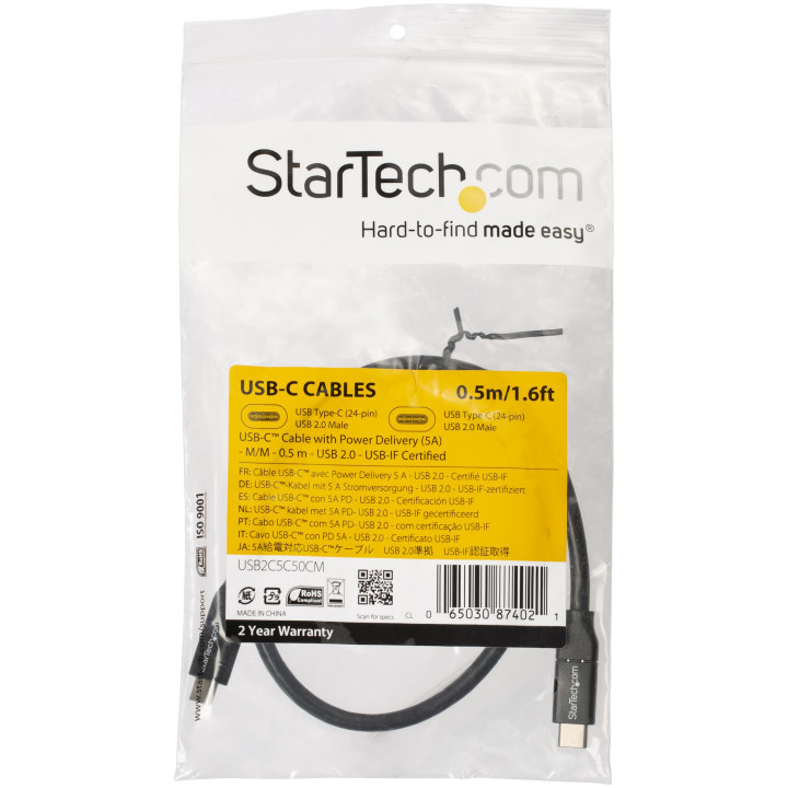 StarTech.com Câble de Charge Rapide USB-C de 50cm, Charge et Synchronisation, 100W (5A) PD, USB 2.0, Certifié USB-IF - Cordon