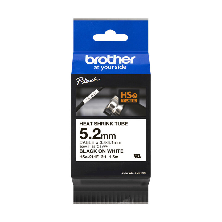 Brother HSE-211E - Gaine thermo-rétractable originale - Noir sur blanc, largeur 5,2mm